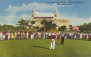 Featured is a postcard image of golfers at the Breakers in Palm Beach, Florida.  The original unused linen postcard c 1940-50s is for sale in The unltd.com Store.