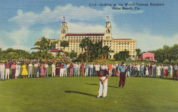 Featured is a postcard image of golfers at the Breakers in Palm Beach, Florida.  The original unused linen postcard c 1940-50s is for sale in The unltd.com Store.